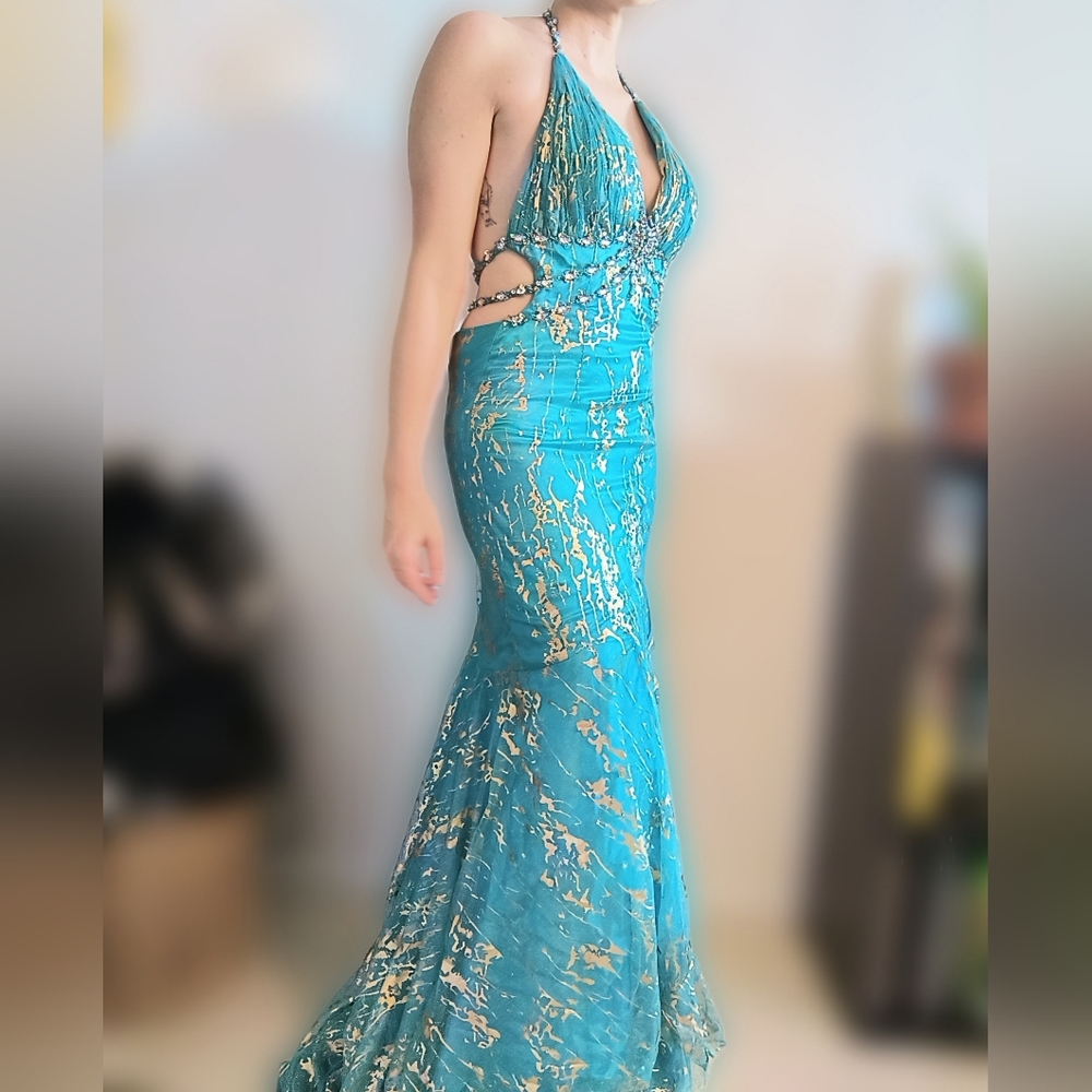 Teal and Gold Mermaid Prom Formal Maxi Dress Sz 2
